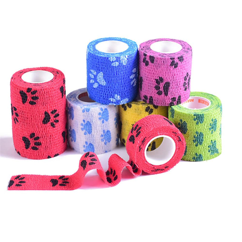 GSHLLO 4 Rolls Pet Vet Wrap Self Adhesive Bandage Cohesive Fixing Bandages Dog Paw Pattern Bandage Tattoo Grip Tape for Wrist Ankle
