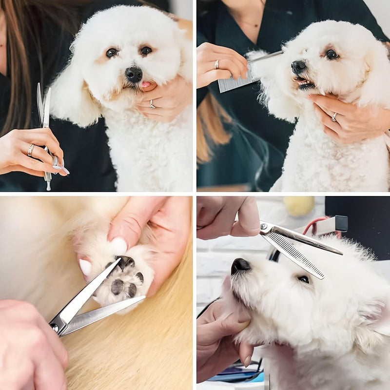 Dog Grooming Scissors, 5 Pcs Stainless Steel Pet Trimmer Kit, Fashion Hair Cutting Grooming Tool for Dogs and Cats - with 6-inch Cutting Scissors, Thinning Shear, Curved Scissors, Grooming Comb C-5 Scissors Set - PawsPlanet Australia