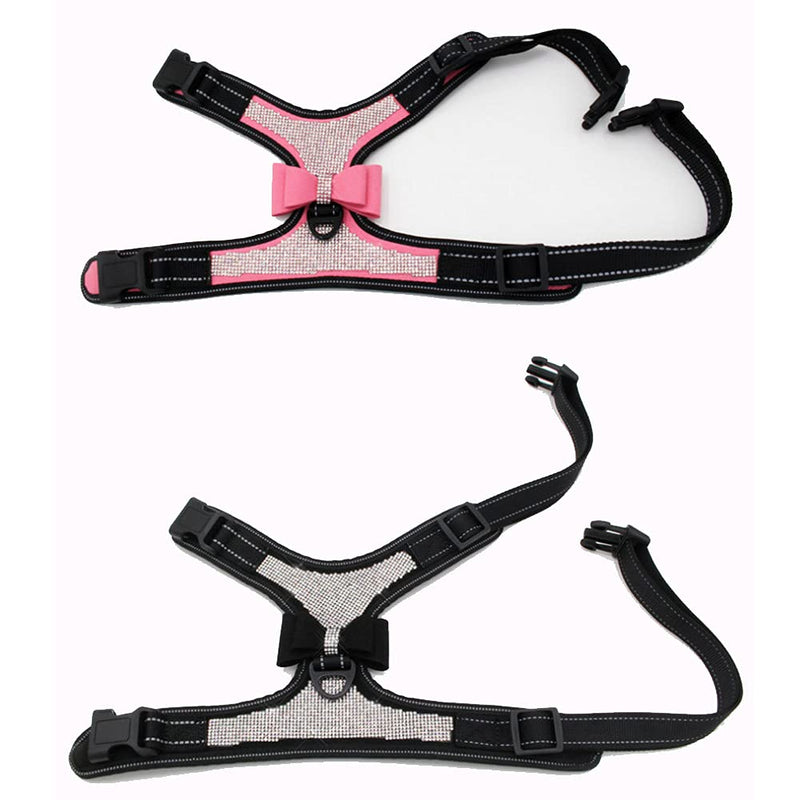 FUNAT Reflective Dog Harness with Rhinestone, Cute Bling Ties Pet Harness, Reflective Chest Strap with Shiny Bow L Pink