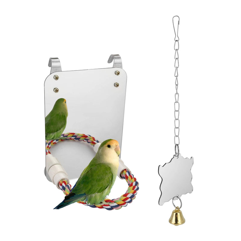 Filhome Bird Mirror with Rope Perch Stand, Cockatiel Parakeet Mirror for Cage Bird Toy Swing Cage Accessories for Parrot Conure Lovebirds Finch Canaries