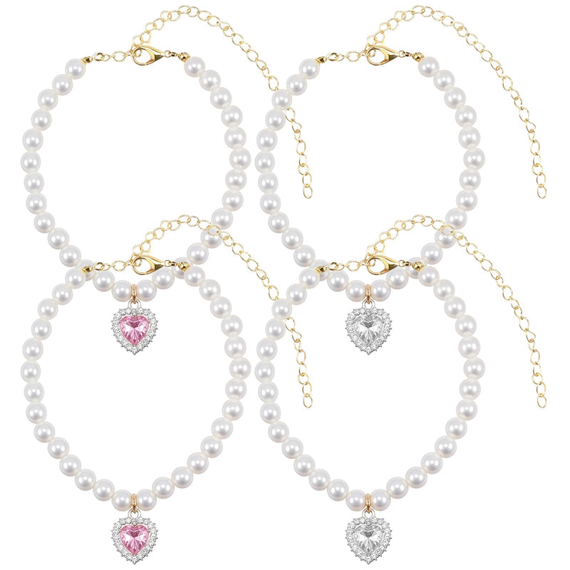 2 Pcs Girl Cat Dog Pearl Collar, Small Heart Shaped Rhinestone Pet Necklace, Pink White Diamond Kitten Collar Adjustable Wedding Party Jewelry Accessories for Puppy Kitten - PawsPlanet Australia