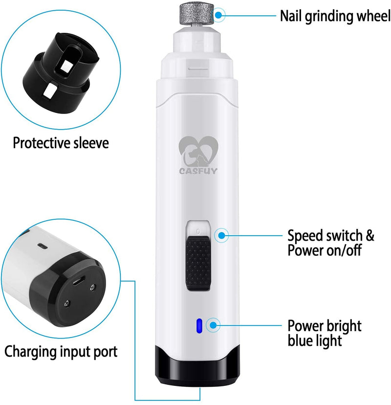 Casfuy Dog Nail Grinder Upgraded - Professional 2-Speed Electric Rechargeable Pet Nail Trimmer Painless Paws Grooming & Smoothing for Small Medium Large Dogs & Cats (White) A-White - PawsPlanet Australia