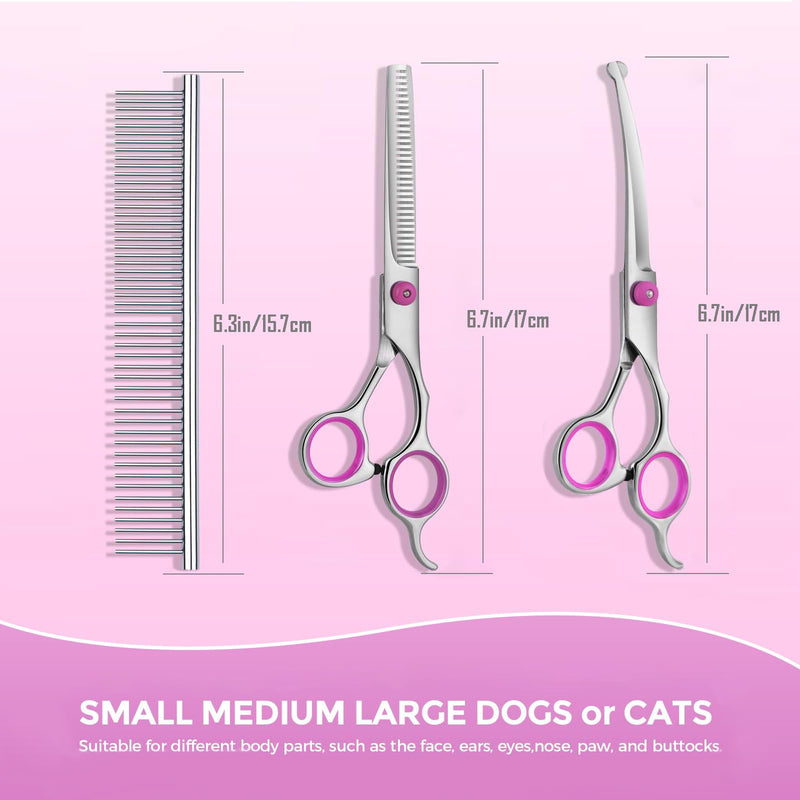Maxshop Dog Grooming Scissors with Safety Round Tips, Heavy Duty Titanium Pet Grooming Trimmer Kit, Professional Thinning Shears, Curved Scissors with Comb for Dogs and Cats (Pink Set of 3) Pink Set of 3 - PawsPlanet Australia