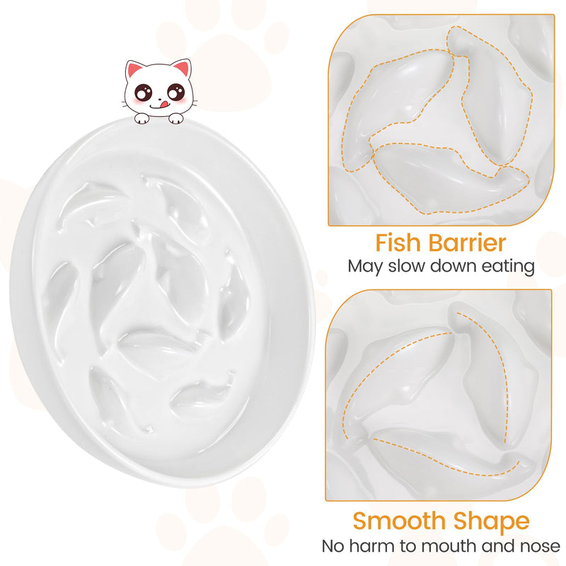 Slow Feeder Cat Bowl with Stand, Ceramic Slow Eating Cat Bowl with Higher Edges Fish Pool Design Elevated Cat Food Bowl for Dry and Wet Food Anti-Vomiting Cat Puzzle Feeder for Healthy Eating Diet White