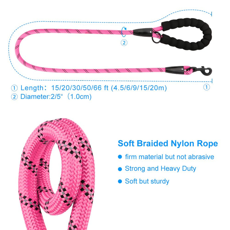 Plutus Pet Long Rope Dog Leash with Comfortable Padded Handle, Reflective Nylon Heavy Duty Rope, 15FT 20FT 30FT for Small Medium Large Dogs (15FT, Pink) 2/5"x15' - PawsPlanet Australia