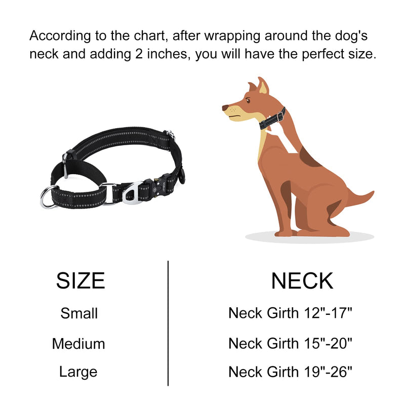 Martingale Dog Collar Reflective Nylon Soft Cushion with Alloy Buckle Dog Collar Martingale Small Medium and Large Dogs (Medium, Black) - PawsPlanet Australia