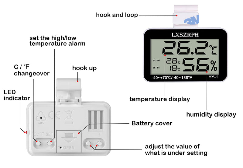 Reptile Thermometer Hygrometer with High Low Temperature Alarm Digital Temperature Humidity Meter Gauge with Hook for Reptile Tanks, Terrariums, Vivariums, Black 2Packs (2Packs)