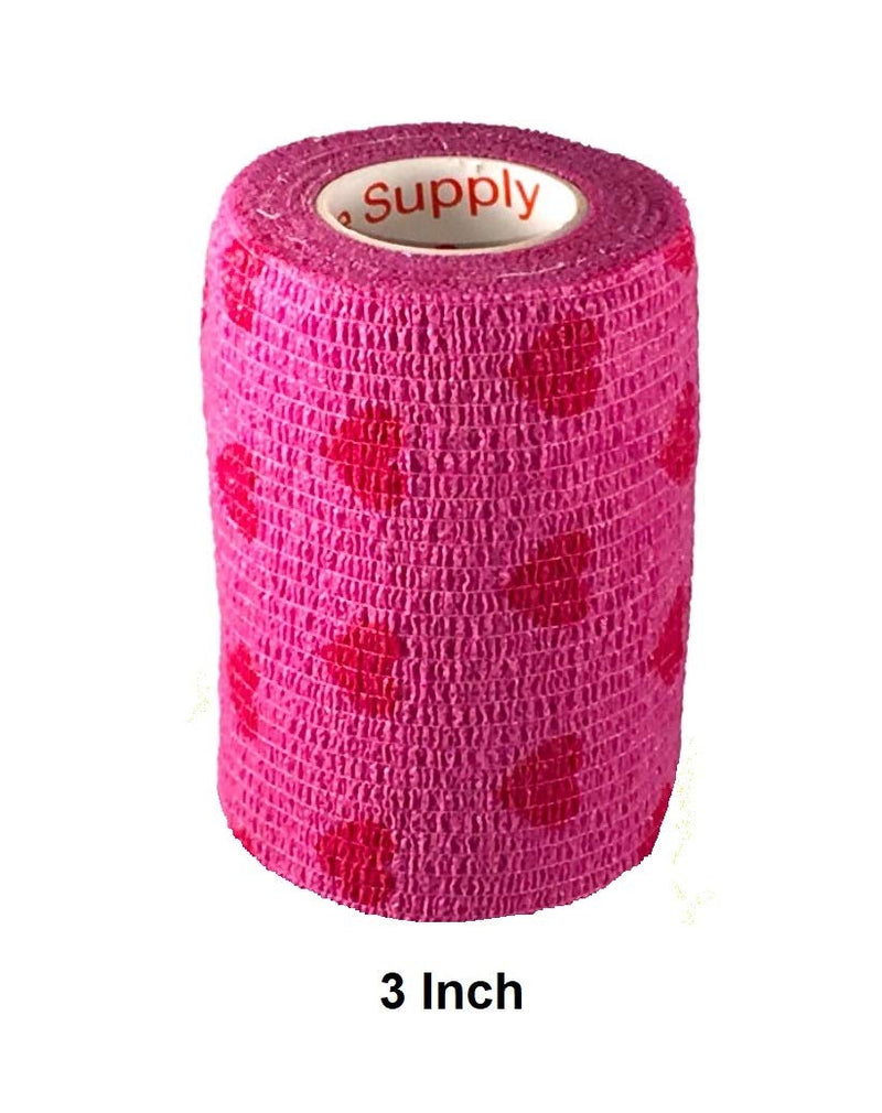 Vet Wrap Wrap Tape (Pink with Hearts) (2 Pack) (3 Inch x 15 feet) Self Adhesive Adherent Adhering Cohesive Flex Self Stick Bandage Grip Roll Dog Cat Pet Horse 2 Rolls