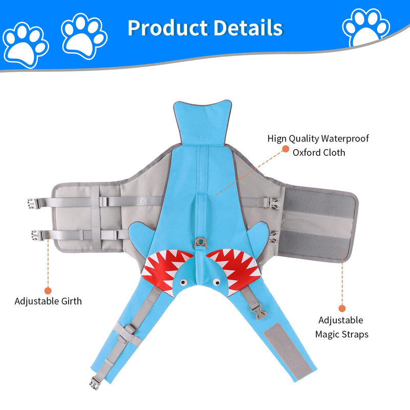 Dog Life Jacket Swimming Vest: Shark Dog Life Vest for Large Dogs, Adjustable Ripstop Pet Life Preserver for Swimming Boating - with Reflective Stripes & Rescue Handle (Blue) L Blue