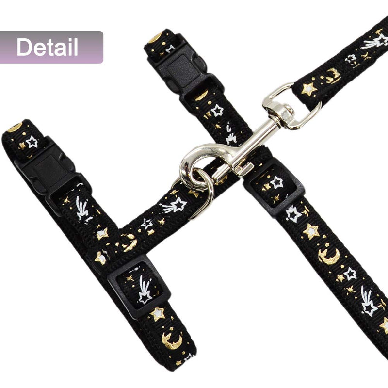 Cat Harness and Leash Set for Outdoor Walking Escape Proof Adjustable Soft Safety Strap with Golden Star and Moon Design Glow in The Dark Black XL - PawsPlanet Australia