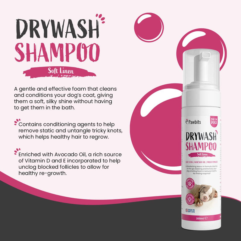 Pawbits Drywash Shampoo for Dogs - Puppy Friendly 3-in-1 Dry Shampoo to Clean, Condition & Detangle – No Water Required (Soft Linen - 200ml) Soft Linen - 200ML - PawsPlanet Australia