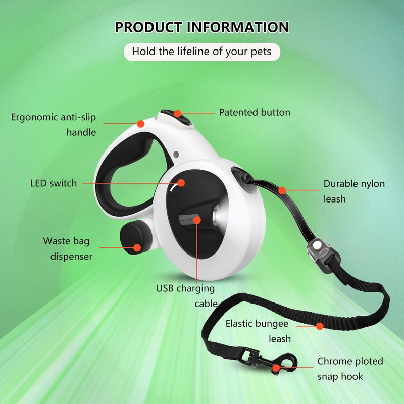 4-in-1 Retractable Dog Leash 16ft with LED Light, Poop Bag Dispenser & Bags – Heavy Duty, Tangle-Free Leash for Small to Large Dogs up to 110lbs, One-Button Brake & Anti-Slip Handle (L) - PawsPlanet Australia