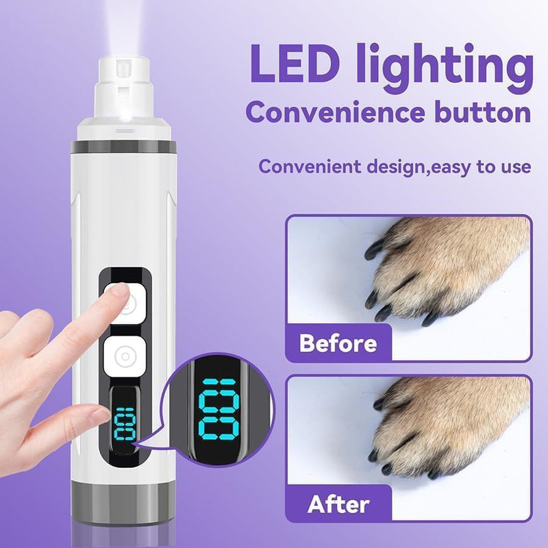 Dog Nail Grinder Quiet- Ultra-Quiet Dog & Cat Nail Grinder with LED Light & Battery Display & Upgrade Grinding Head - Painless Nail Trimmer for Small to Large Pets, Thick Nails, and Sensitive Paws White - PawsPlanet Australia