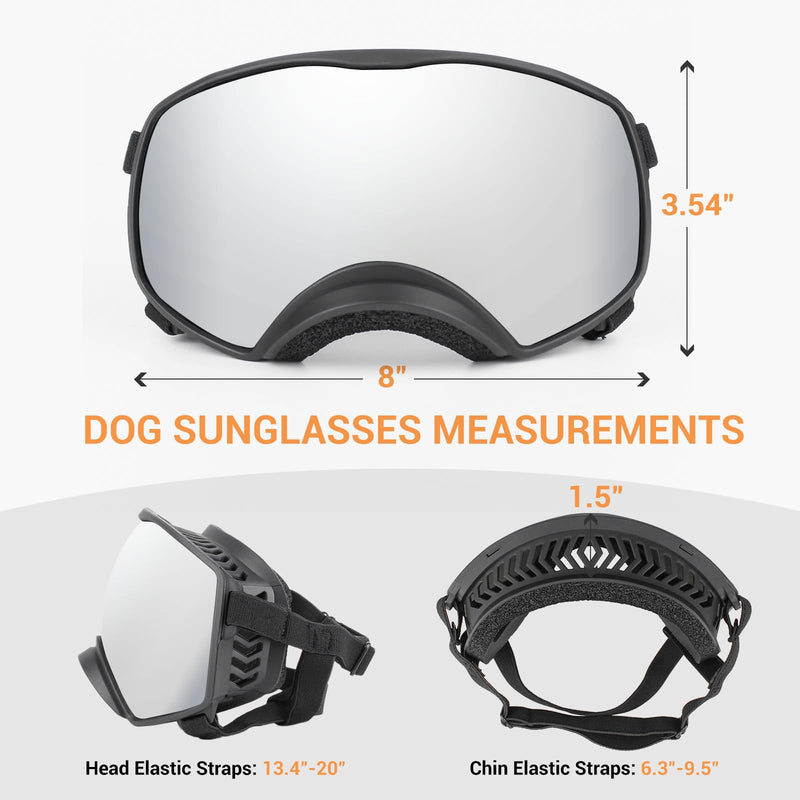 Dog Sunglasses UV Protection Silver Dog Goggles Windproof Glasses with Elastic Straps for Medium-Large Breed, Black Frame + Silver Lens Black Frame+Silver Lens - PawsPlanet Australia