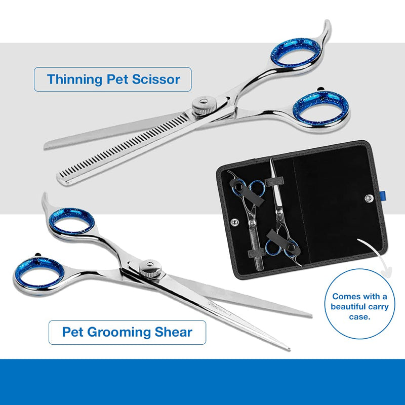 Laazar Pet Grooming Set - 7" Straight Pet Grooming Scissors & 6.5" Pet Thinning Shears with 42 Teeth | Professional Dog Scissors Kit | Use as Cat and Dog Shears 7 Inch - PawsPlanet Australia