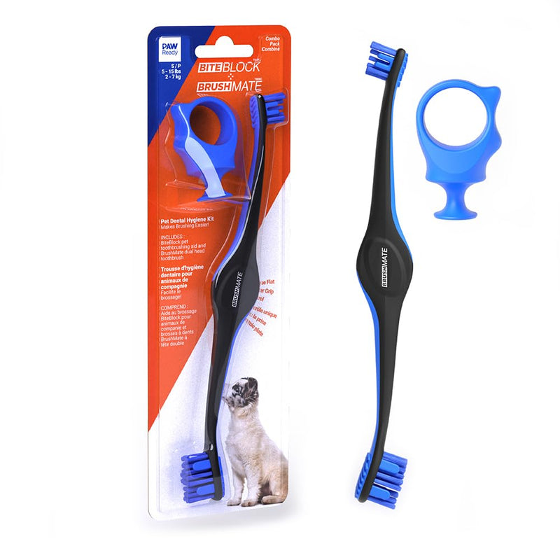 Dog Toothbrush and Bite Block Assistant Combo Pack by Paw Ready for Puppies' Dogs and Cats Small Size for use with Pets Between 5-15 lbs. (2-7kg) Protects Hands and Fingers While Brushing 1 Count (Pack of 1) Blue