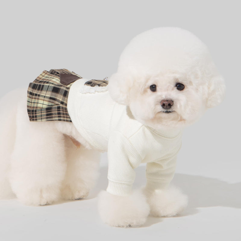 Pinkaholic New York Delaney Cute one-Piece Dress Checkered Pattern Skirt for Small and Medium Dogs, Cream, Medium