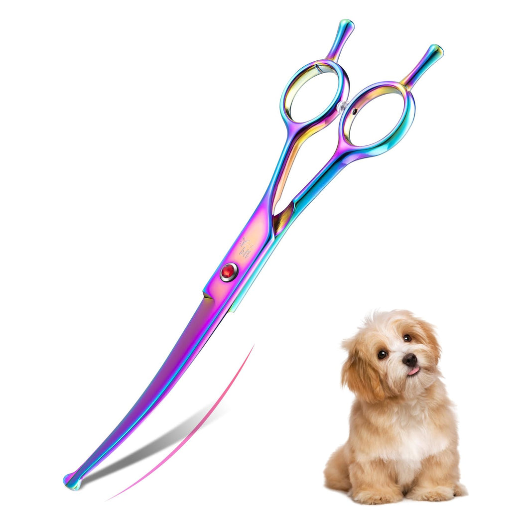 7" Curved Dog Grooming Scissors with Safe Round Tip, Rainbow Pet Fur Scissors, Japanese Stainless Steel 440C, Sharp and Sturdy Grooming Shears for Novice and Professional Groomers Curved scissors