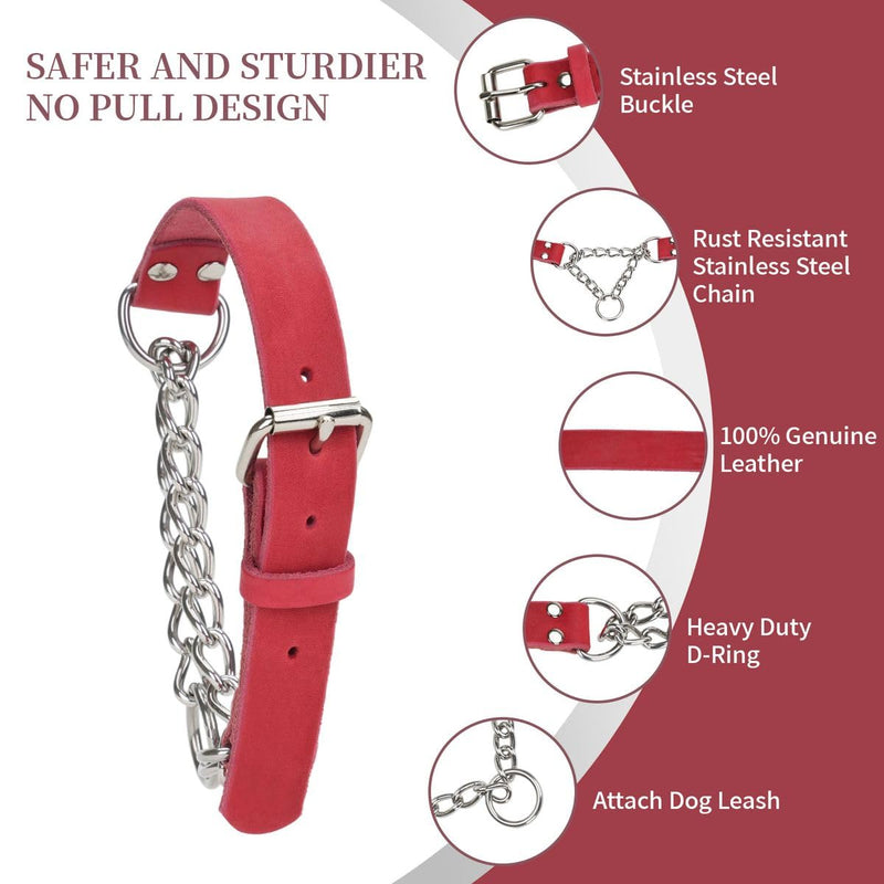 Martingale Collar for Dogs No-Pull Adjustable Training Collar with Stainless Steel Chain - Genuine Leather Anti-Slip Design for Small,Medium,Large Breed Dogs - Red (S) Small: Neck 10"-14" - PawsPlanet Australia