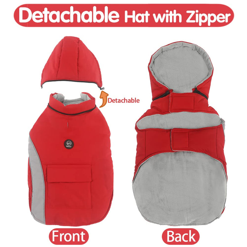 EMUST Dog Winter Coats, Waterproof Dog Winter Jackets with Detachable Hat, Warm Dogs Winter Clothes with Pocket, Cozy Dog Coats for Small/Medium/Large Dogs S Red - PawsPlanet Australia