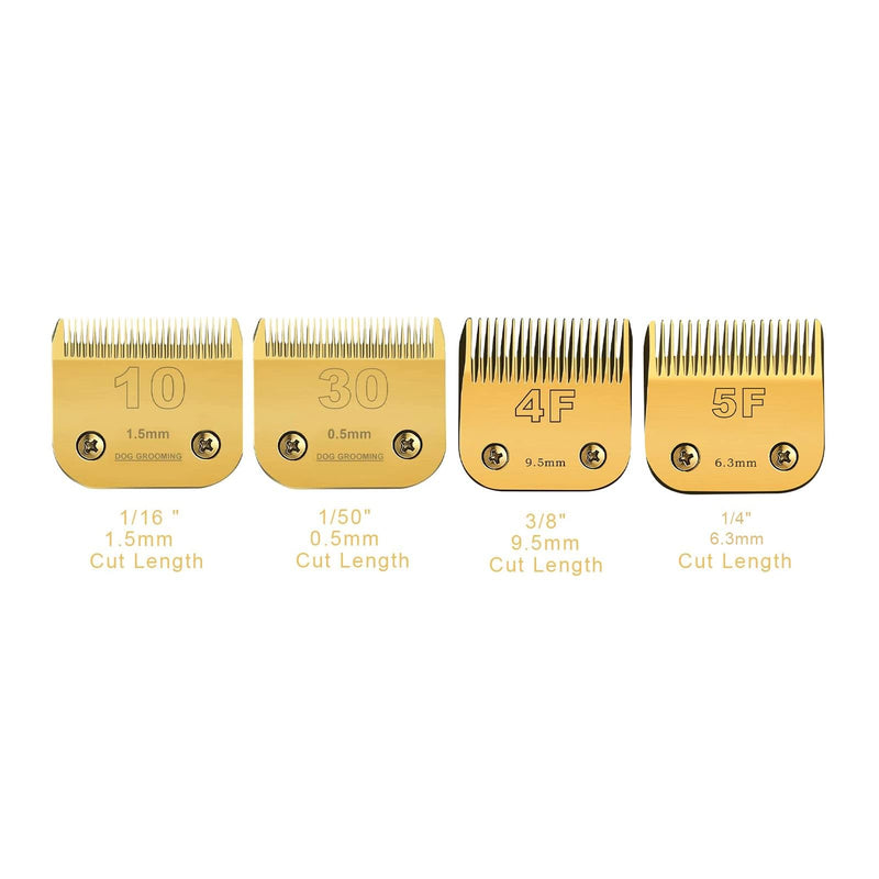 5F/4F/30/10 Detachable Pet Dog Grooming Clipper Carbon Steel Sharp,Compatible with Andis,Oster A5,Wahl KM Series Clippers,Cut Lengt 3/8"(9.5mm) 1/8"(3.2mm) 1/16"(1.5mm) 1/50" (0.5mm) 4 Pack - PawsPlanet Australia