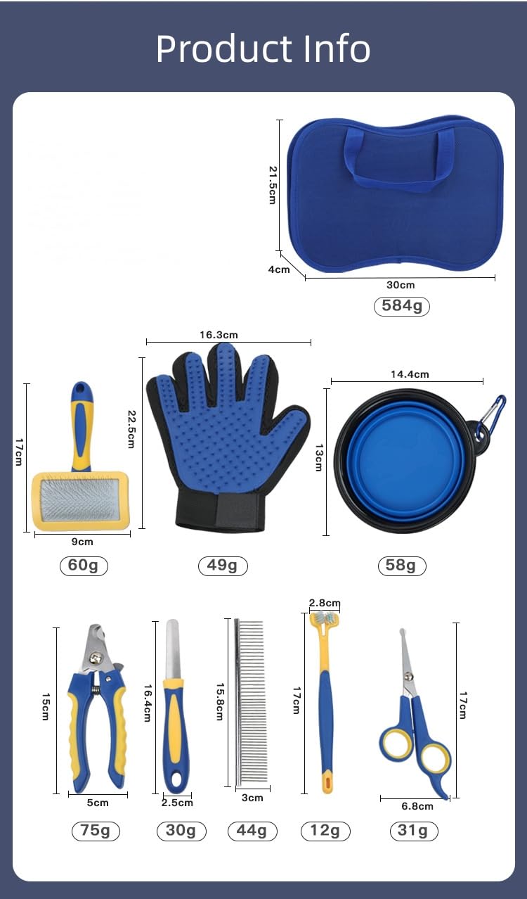 TSINGS Pet Grooming Tools 8-Piece Kit with Hair Comb, Steel Comb, Nail Clipper, File, Hair Clipper, Toothbrush, Bowl and Hair Removal Gloves - PawsPlanet Australia