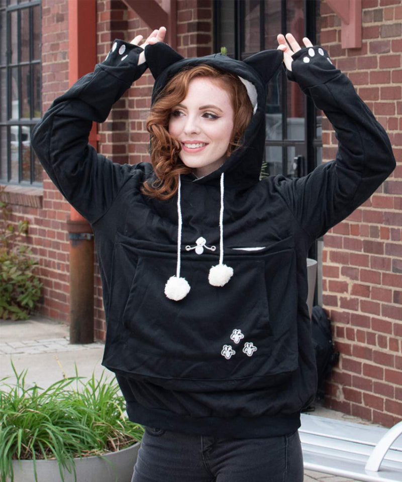Unisex Big Pouch Hoodie Long Sleeve Pet Cat Dog Holder Carrier Sweatshirt Black Medium - PawsPlanet Australia