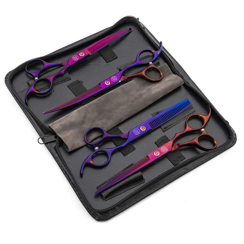 Moontay Professional 7.0" Dog Grooming Scissors Set, 4-pieces Straight, Upward Curved, Downward Curved, Thinning/Blending Shears for Dog, Cat and Pets, JP Stainless Steel, Purple 7 Inch (Pack of 4)