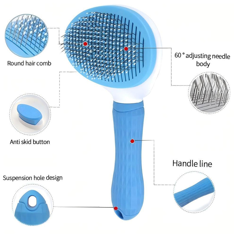 Cat Hair Brush, Cat Brush for Shedding with Metal Comb, Self Cleaning Pet Hair Brush with Release Button - Skin Friendly Deshedding Grooming Brush for Short and Long Haired Cats Blue - PawsPlanet Australia