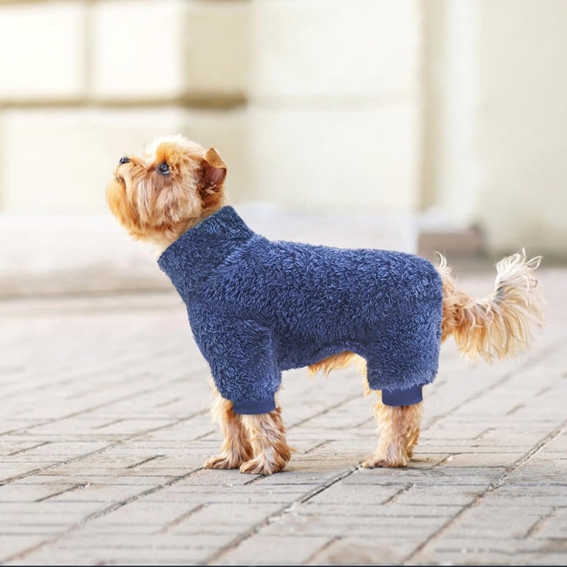 Idepet Velvet Dog Pajamas, Turtleneck Dog Sweater Fuzzy Plush Onesie Soft Cat Apparel Pet Clothes Winter Outfit Doggy Pjs Puppy Jumpsuit for Small Dogs Cats (Navy,M) Medium(Chest:14.1.0") Navy - PawsPlanet Australia
