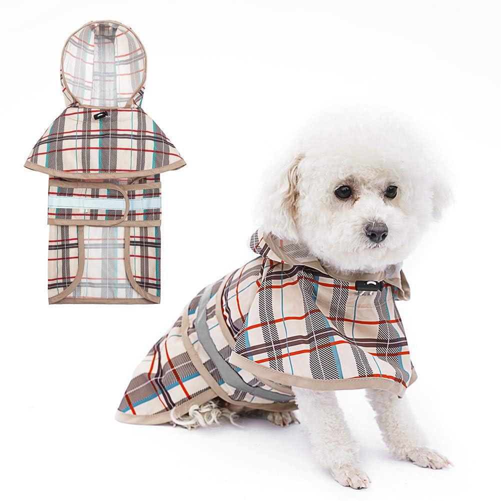 KOOLTAIL Dog Raincoat Hooded Slicker Poncho with leash hole, Dog Raincoat for Small Medium Dogs, Waterproof Dog Rain Jacket with Reflective Strip, Adjustable Breathable Plaid Puppy Rainwear-Beige Medium (Pack of 1) Plaid Beige