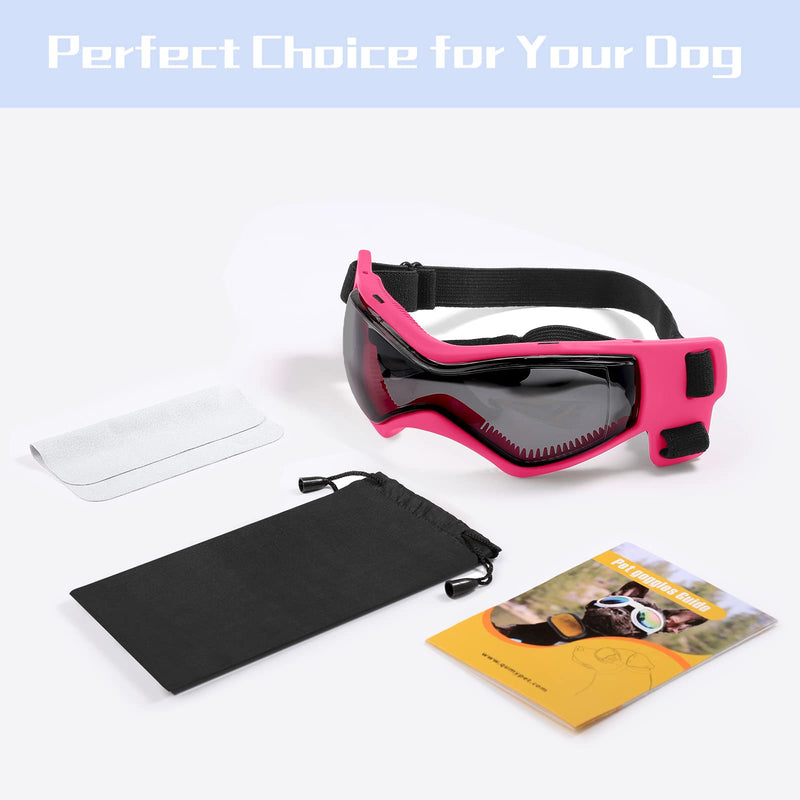 QUMY Dog Goggles UV Protection for Small to Medium Breed Dog, Dog Sunglasses Windproof Anti-Fog Dustproof Snowproof, Puppy Glasses for Outdoor Riding Driving with Comfortable Frame Adjustable Straps Pink