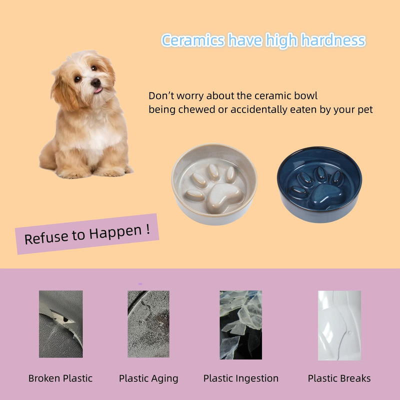 Slow Feeder Dog Bowls，Ceramic Bowl for Cats and Dogs，Dog Bowls，with Non-Slip Silicone Mat，Pet Bowl for Small Dogs and Cats，Slow Down Eating，6.2 inches Grey pet Bowl gray - PawsPlanet Australia