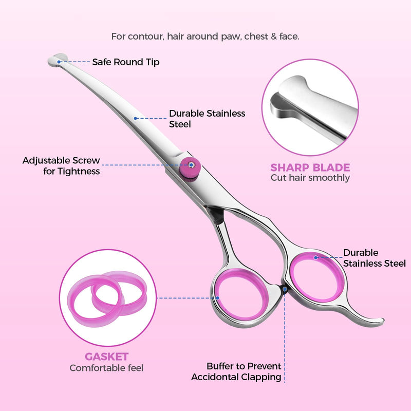 Dog Grooming Scissors with Safety Round Tips Stainless Steel Professional Pet Grooming scissors Kit - Thinning, Curved Scissors and Comb for Dogs Cats - Pink Pink Set of 3 - PawsPlanet Australia