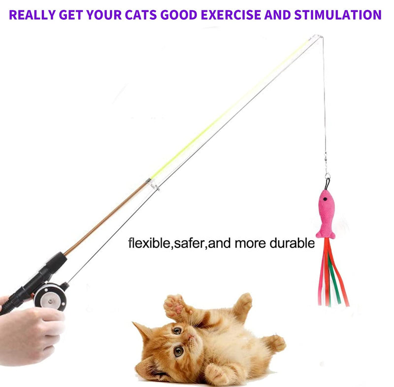 Retractable Cat Teaser Wand Toy, Cat Toys for Indoor Outdoor Cats Interactive Fishing Rod with 8 Pcs Refills Feather Toy, Plush Mouse Caterpillar & Fish