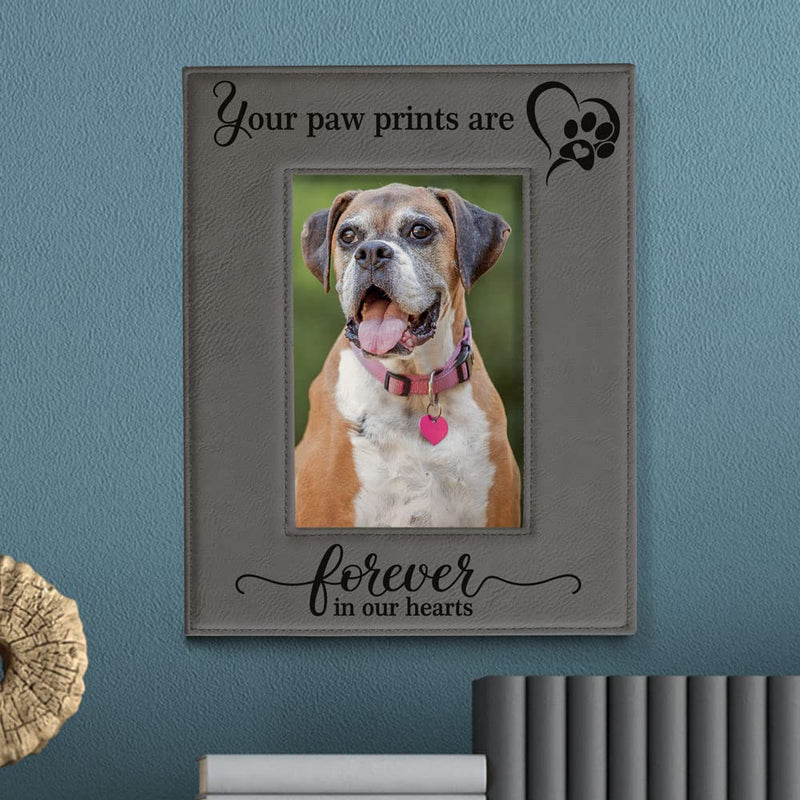 KATE POSH - Your Paw Prints are Forever in our Hearts. Engraved Leather Picture Frame. Memorial Pet Gift, Loss of Dog and Cat, Pet sympathy gift, In memory of (4" x 6" Vertical) 4" x 6" Vertical - PawsPlanet Australia