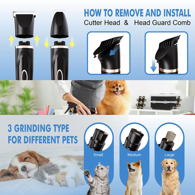 Multifunctional Replaceable Cutter Head Dog Clippers for Grooming Nail Trimmer & Shears 3 in 1 Pets Grooming kit Rechargeable Cordless Low Noise
