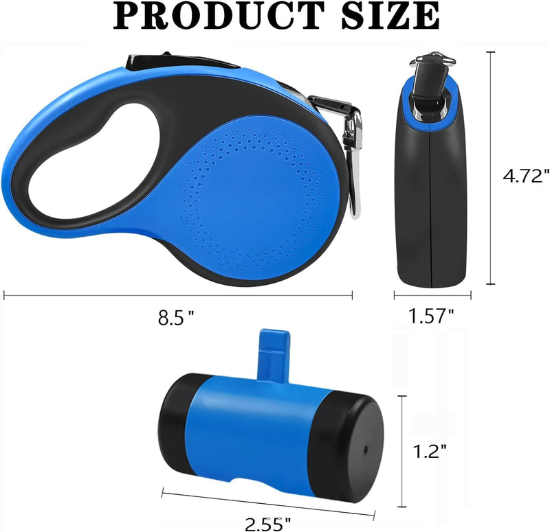 Best Dog Supplies Retractable Dog Leash with Waste Bag Dispenser and Flashlight, 26ft Dog Leash for Small Medium and Large Dogs up to 110lbs, One Button Break & Lock Soft Anti Slip Grip - Blue - PawsPlanet Australia