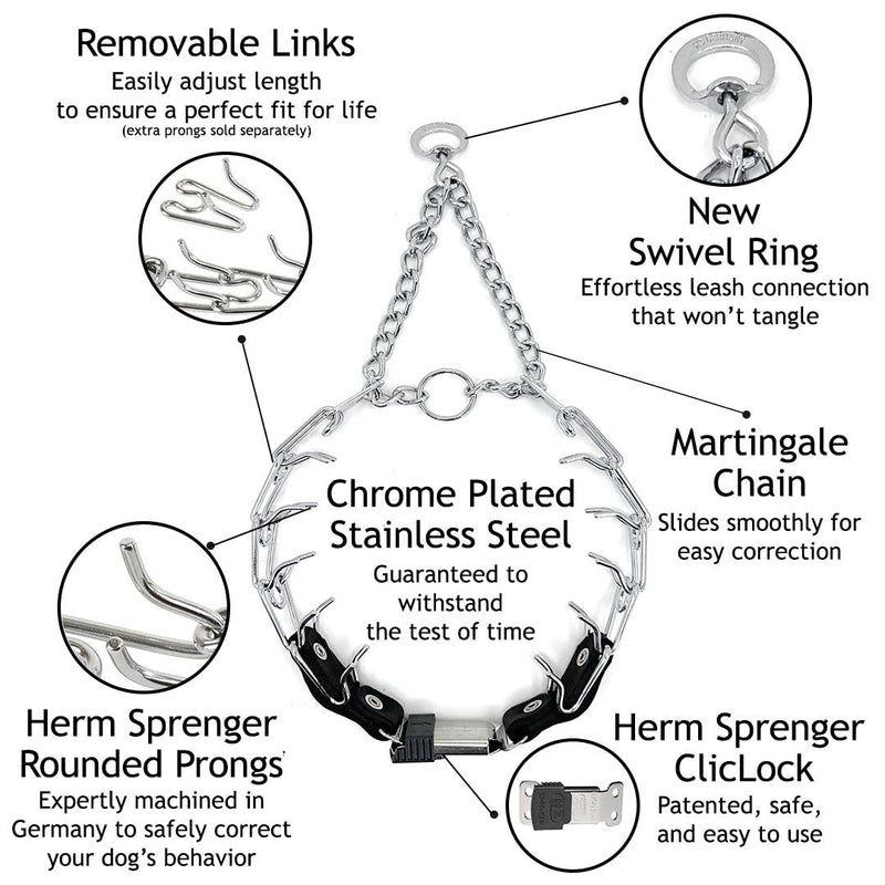 Herm Sprenger Prong Collar for Dog Training with Easy Quick Release Cliclock & Swivel Ring - German Made Dog Collar with Chrome Plated Stainless Steel 2.25mm Prongs for Small/Medium Dogs (13-19" Neck) Small/Medium (13-19" Neck, 2.25mm Links) - PawsPlanet Australia
