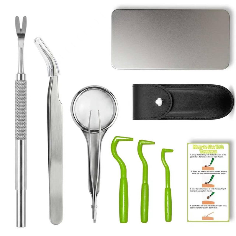 Tick Removal Tool Set,8 in 1 Twister Kit with Stainless Steel Tick Remover&Tweezers,Portable Pocket Storage,Professional Tick Remover Set for Dogs,Cats,Humans,Outdoor,Camping