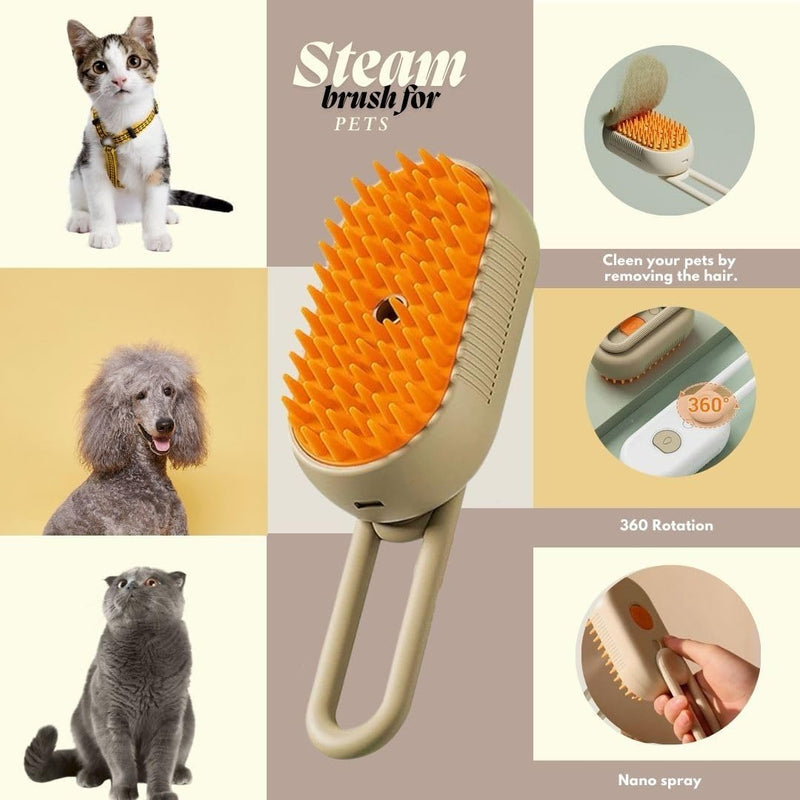 3-in-1 Steam Pet Brush for Cats & Dogs – Self-Cleaning Grooming Comb with Spray Mist, Massage & Shedding, Rechargeable USB, Anti-Static, Foldable Handle – Kakhi Khaki - PawsPlanet Australia