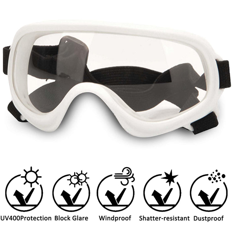 Dog Sunglasses,Doggles Anti-UV Protection, Pet Sunglasses with Adjustable Strap, Suitable for Motorcycle Car Driving Bike Riding Hiking Swimming Wind Dust Fog Dog Eye Protection WhiteFrameClearLens