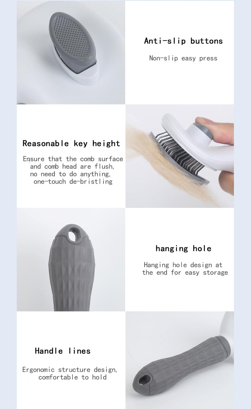 Cat Brush with Release Button, universal for cats and dogs, one click release, brush and flea comb combination set，Pet Hair Comb Tear Stay Removal, knotted skin floating hair tangled fleas (Grey) Grey - PawsPlanet Australia