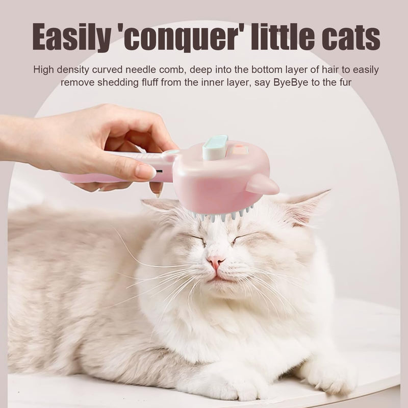 4-in-1 Pet Steam Brush With Handle for Longhair & Shorthair Cats & Dogs - Rubber Spray Brush With Release Button, Dog Comb and Cleaner (Pink) Pink - PawsPlanet Australia