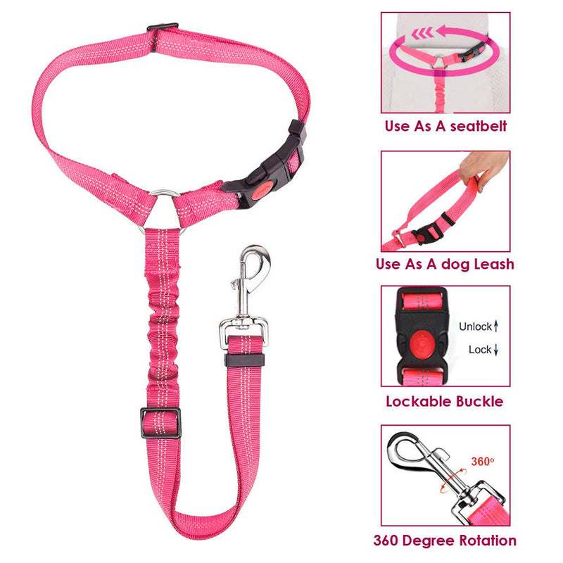 Lukovee Dog Car Seat Belt, 2 Pack Headrest Restraint Seatbelt, Adjustable Pet Safety Leads with Reflective Elastic Bungee for Dog Harness Collar Travel Daily Use (Fluorescent Pink,Headrest) A.Fluorescent Pink Headrest, 2 Pcs - PawsPlanet Australia