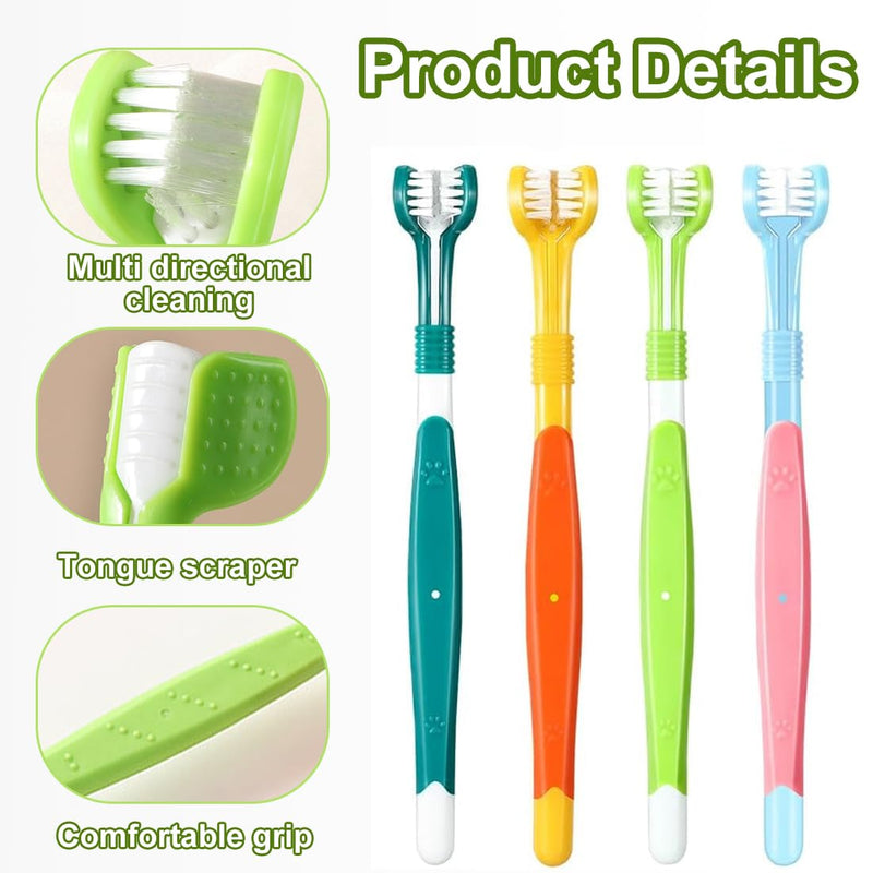 4 Piece Pet Toothbrush Set, Triple Head Dog Toothbrush with 360° Cleaning for Dogs and Cats of All Sizes (Small, Medium, Large Pets)
