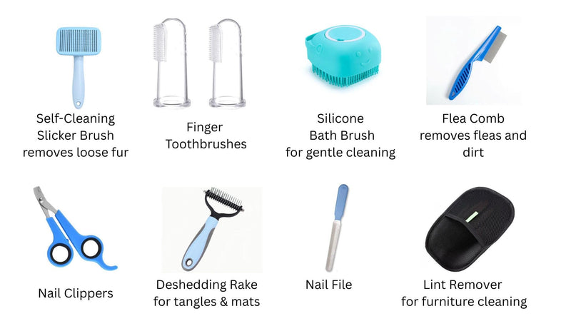 9-in-1 Pet Grooming Kit, Self-Cleaning Slicker Brush, Deshedding Rake, Lint Remover, Nail Clipper & More, Complete Cats & Dog Care Set. - PawsPlanet Australia