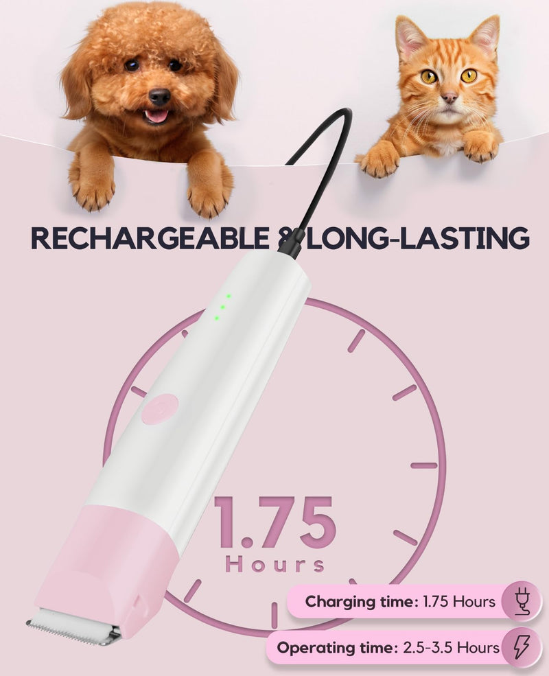 Dog Clippers Grooming Kit, 4 in 1 Quiet Cordless Dog Paw Trimmer & Nail Grinder, Small Cat Clippers Electric Rechargeable Low Noise Pet Shaver for Trimming Hair on Paw Eye Ear Face Rump (Pink) Pink - PawsPlanet Australia