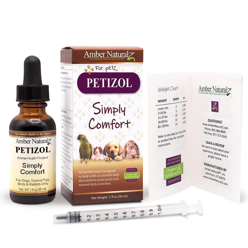 AMBER NATURALZ Petizol Simply Comfort Herbal Supplement for Dogs, Bird, Rabbit | Support for Occasional Discomforts and Normal Body Temperature | 1 Fluid Ounce Glass Bottle | Manufactured in The USA 1 Ounce - PawsPlanet Australia