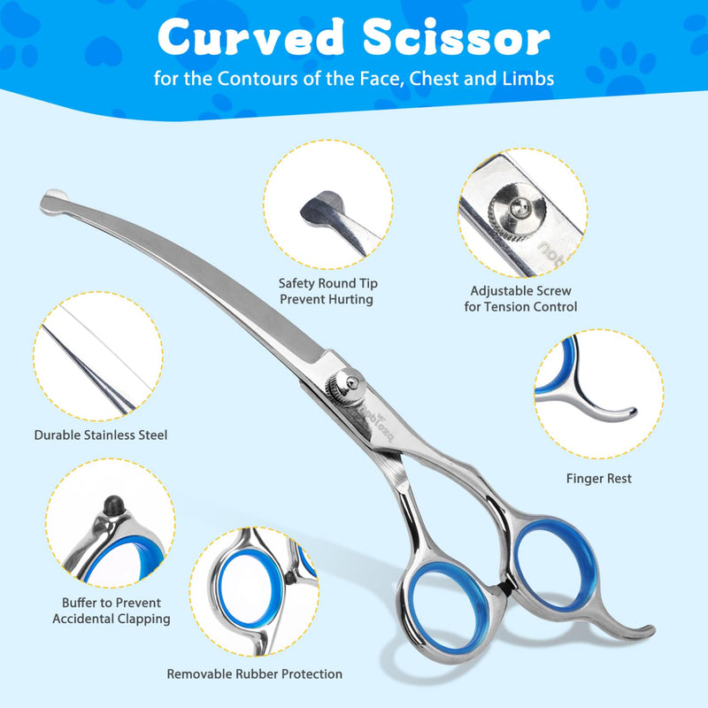 Nobleza Dog Grooming Scissors Set 6 in 1, Dog Curved Scissors, Thinning Scissors, Long and Short Straight Scissors Kit with Combs, Professional Stainless Steel Pet Scissors for Puppy Cat Hair Trimming Silver - PawsPlanet Australia
